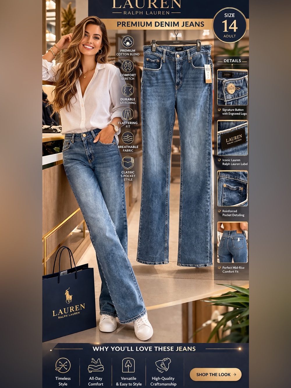Lauren Ralph Lauren Faded Blue Mid-Rise Wide-Leg Jeans